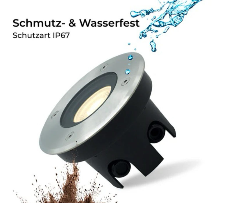 Flacher, runder Bodeneinbaustrahler aus gebürstetem Edelstahl mit IP67 Schutz, inklusive LED-Modul, 230V, 5W in RGB & CCT