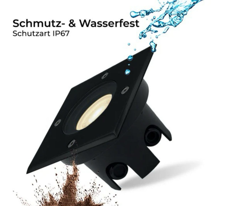 Flacher, eckiger Bodeneinbaustrahler IP67, Schwarz Matt, inkl. 5W LED-Modul, 230V, 120° Abstrahlwinkel.