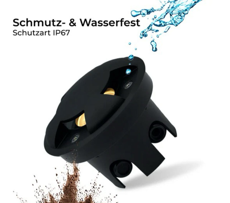 Flacher, runder Bodeneinbaustrahler aus Edelstahl in Schwarz 3-flammig mit IP67 Schutz, inklusive LED-Modul, 230V, 5W und 120° Abstrahlwinkel.