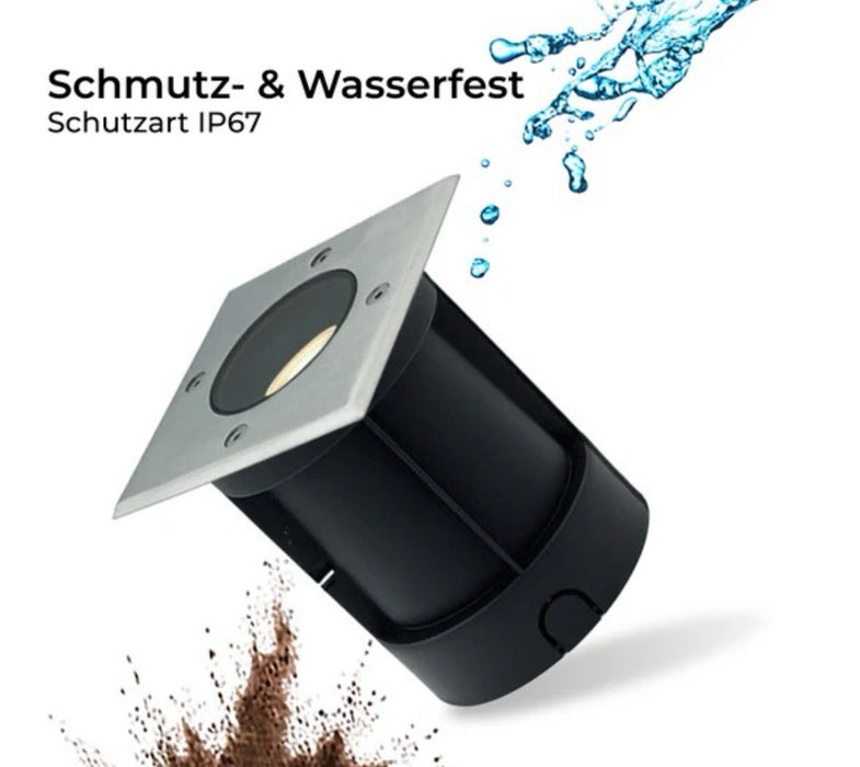 Schwenkbarer LED-Bodenstrahler, Eckig und Edelstahl gebürstet, mit IP67 Schutzklasse, inklusive 3W GU10 LED, 230V.