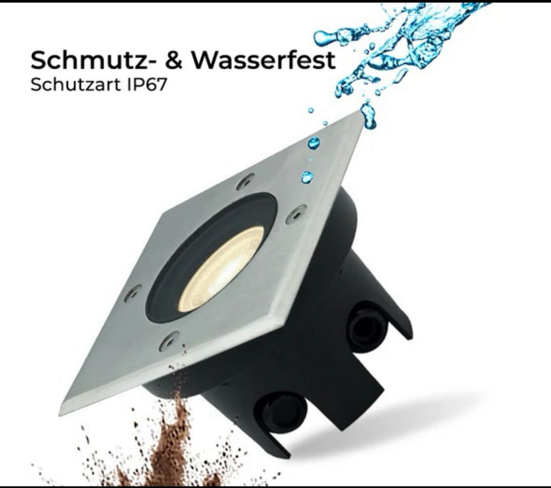 Flacher, eckiger Bodeneinbaustrahler IP67, Edelstahl gebürstet, inkl. 5W LED-Modul, 230V, 120° Abstrahlwinkel.