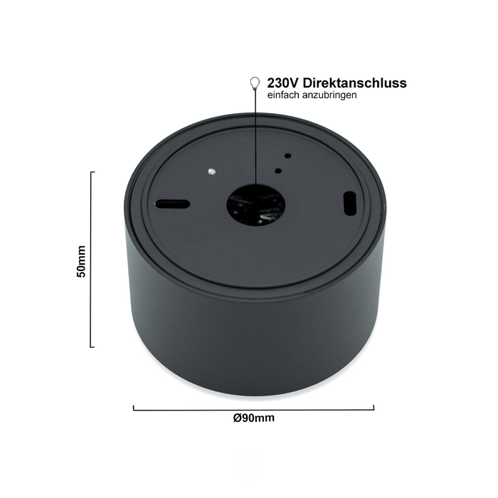 LED Aufbaustrahler Flach Schwarz Rund – 5W Dimmbar – 230V – 120°
