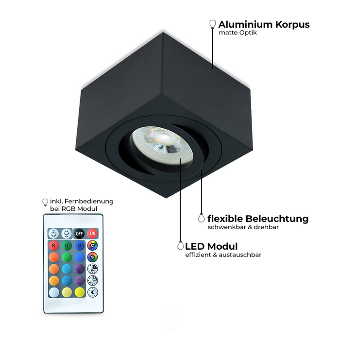 LED Aufbaustrahler Flach Schwarz Eckig – 5W Dimmbar – 230V – 120°