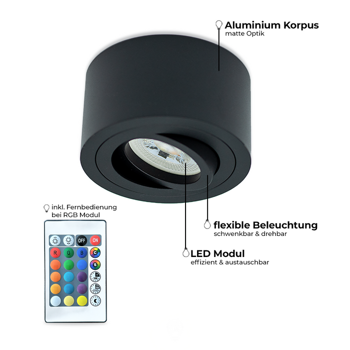 LED Aufbaustrahler Flach Schwarz Rund – 5W Dimmbar – 230V – 120°