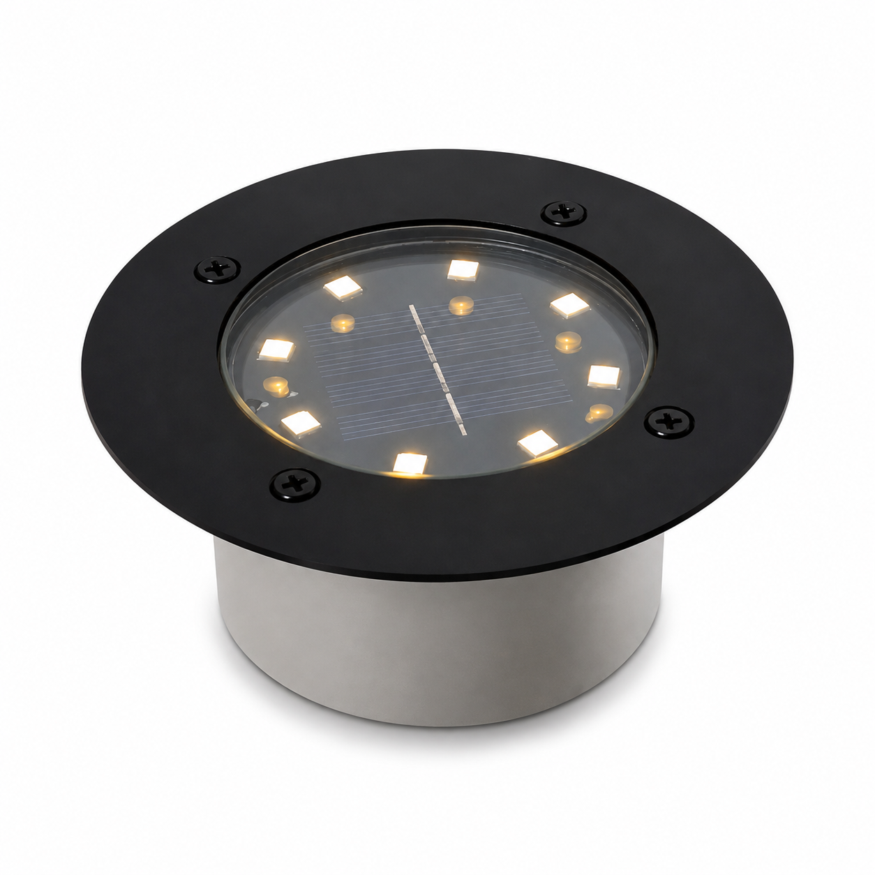 Solar LED Bodeneinbaustrahler 12 cm – IP65 – Edelstahl & Aluminium – Warmweiß – Dämmerungssensor