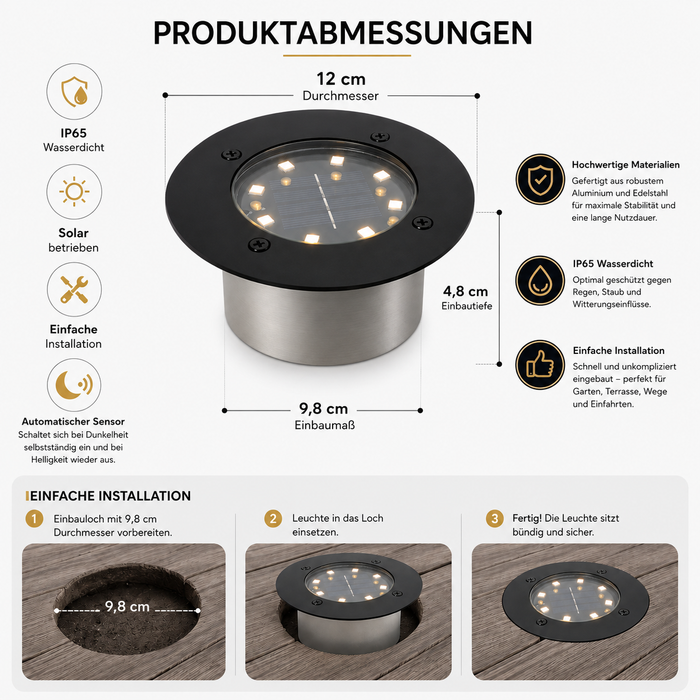 Solar LED Bodeneinbaustrahler 12 cm | IP65 | Edelstahl & Aluminium | Warmweiß | Dämmerungssensor