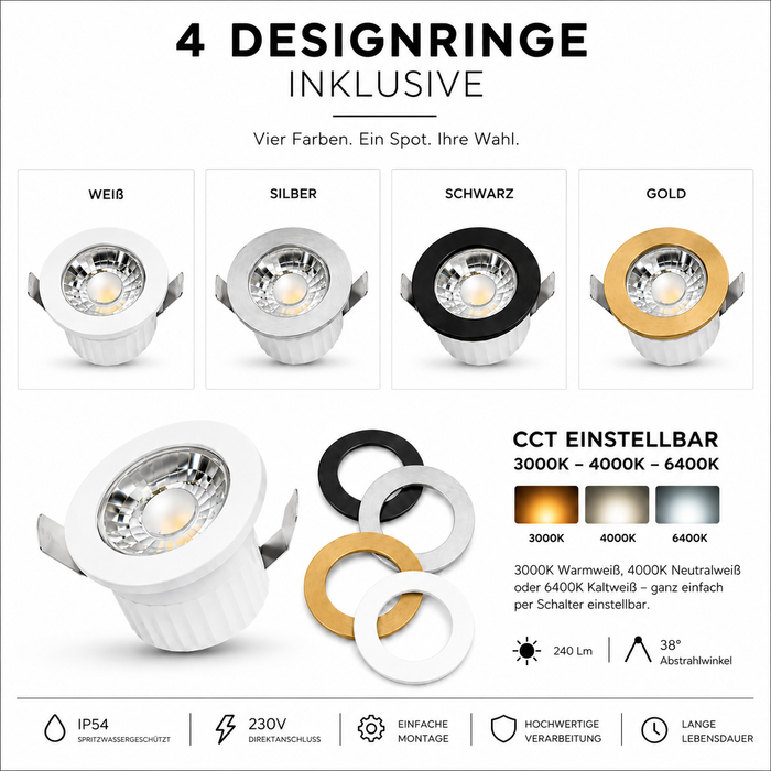 LED Einbaustrahler 3W 230V IP54 – CCT 3000K/4000K/6400K, Ø44mm, 35mm Einbaumaß, 4 Designringe