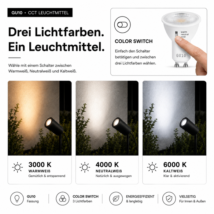 GU10 LED Erdspießstrahler 5W mit CCT 3000K–4000K–6000K | Schwarz | inkl. GU10 LED