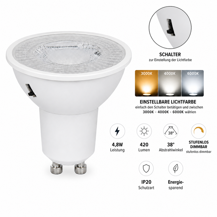 GU10 LED Leuchtmittel 5W 230V – CCT 3000K/4000K/6000K Linse – 3 Lichtfarben – dimmbar – für Einbaustrahler