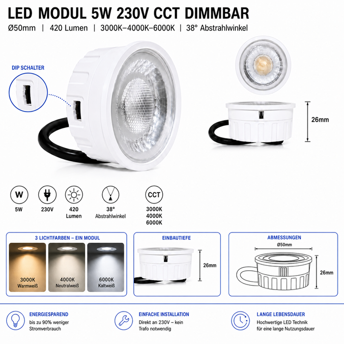 LED Modul 5W 230V CCT | 420 Lumen | Ø50mm | 3000K–6000K | 38°