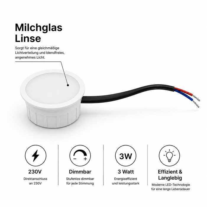 Mini LED Einbaustrahler 3W 230V IP44 Eisengebürstet – Dimmbar, 3000K/6000K, Ø55mm