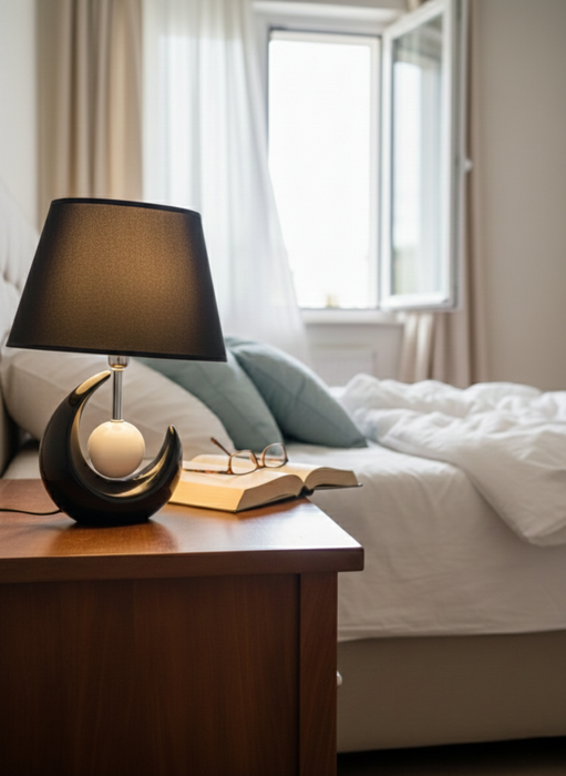 Design Nachttischlampe Schwarz – E27 Tischlampe mit Stoffschirm