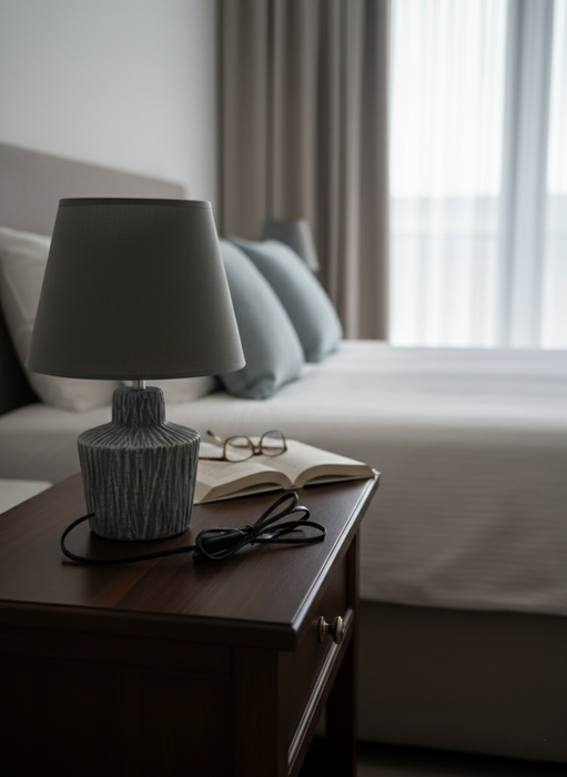 Nachttischlampe Grau – Moderne E27 Tischleuchte mit Stoffschirm