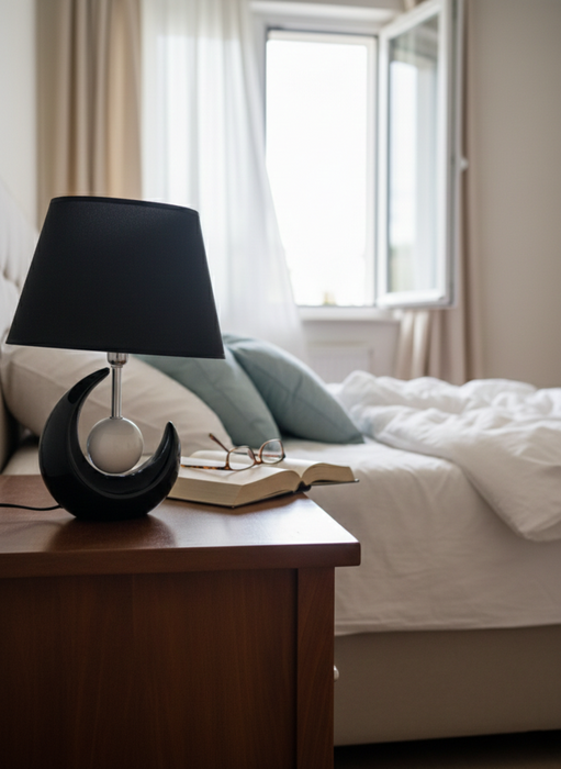 Design Nachttischlampe Schwarz – E27 Tischlampe mit Stoffschirm
