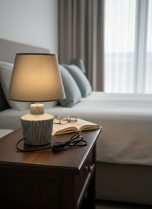 Nachttischlampe Grau – Moderne E27 Tischleuchte mit Stoffschirm