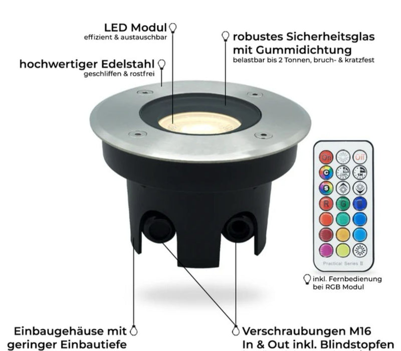 Flacher, runder Bodeneinbaustrahler aus gebürstetem Edelstahl mit IP67 Schutz, inklusive LED-Modul, 230V, 5W in RGB & CCT