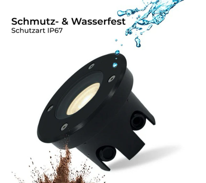 Flacher, runder Bodeneinbaustrahler IP67, Schwarz Matt, inkl. 5W LED-Modul, 230V, 120° Abstrahlwinkel.