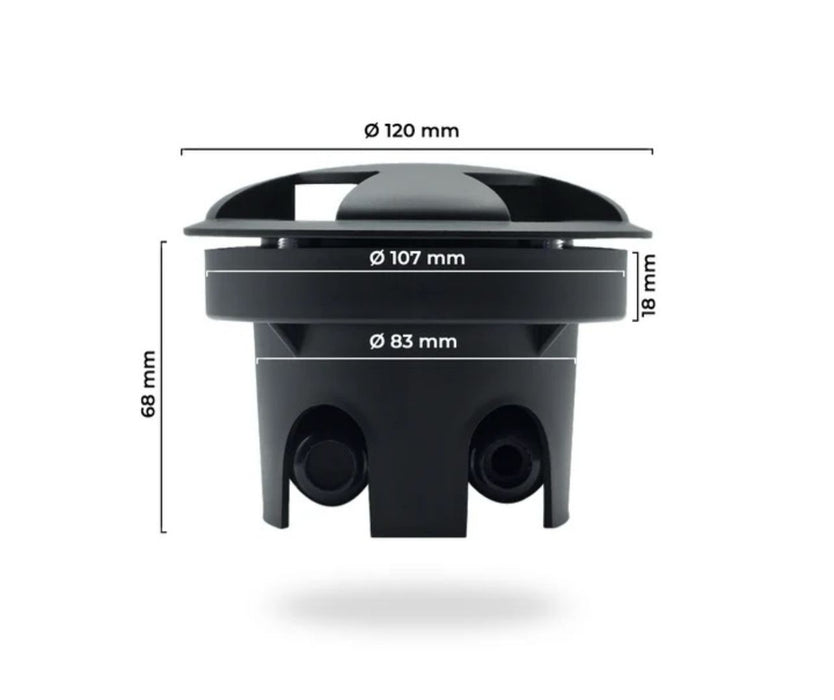 Flacher, runder Bodeneinbaustrahler aus Edelstahl in Schwarz 3-flammig mit IP67 Schutz, inklusive LED-Modul, 230V, 5W und 120° Abstrahlwinkel.