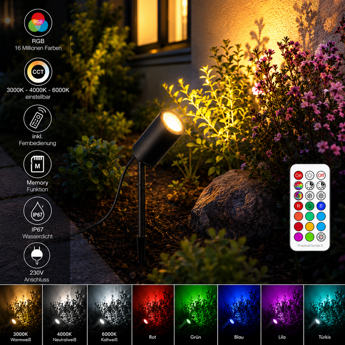 Erdspieß GU10 RGB CCT LED Gartenstrahler mit Fernbedienung | 3000K–6000K